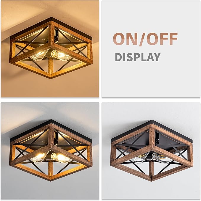 Rpzloila Flush Mount Ceiling Light Fixture for Kitchen Hallway, 2-Light Close to Ceiling Light with Black Metal and Wood Design, Rustic Farmhouse Ceiling (Bulb not Included)