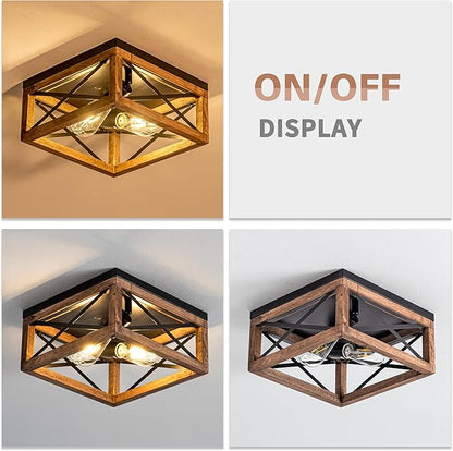 Rpzloila Flush Mount Ceiling Light Fixture for Kitchen Hallway, 2-Light Close to Ceiling Light with Black Metal and Wood Design, Rustic Farmhouse Ceiling (Bulb not Included)