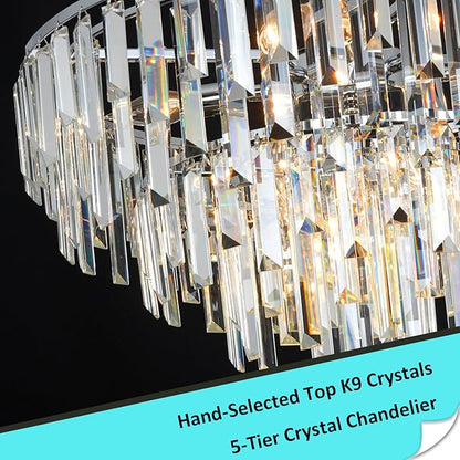 Chrome Crystal Chandelier for Dining Room, 24" Modern Luxury Chandeliers 5-Tier 8 Lights Contemporary Round Ceiling Pendant Light Fixture for Living Room Bedroom Foyer Entryway