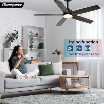 Modern 52 Inch Ceiling Fans with Lights and Remote for Bedroom Living Room Kitchen Home Office Indoor/Outdoor, 18W 3CCT Dual Color 5 Blades 6 Speed Reversible Quiet DC Motor, Black/Wood Grain