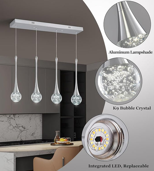 Modern Chrome Crystal Chandelier for Kitchen Island 4-Lights, Luxury Retangular Dimmable LED Bubble Raindrop Pendant Lighting Fixture for Dining Room Foyer Entryway Bedroom