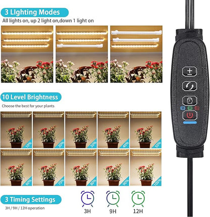 Hywyimlait LED Grow Light Strips, Grow Lamps for Indoor Plants Full Spectrum 3000K, 72 LEDs Plant Light with 3/9/12H Timer, 10 Dimmable Levels for Seedling Succulent, 3 Head 7.8 Inches