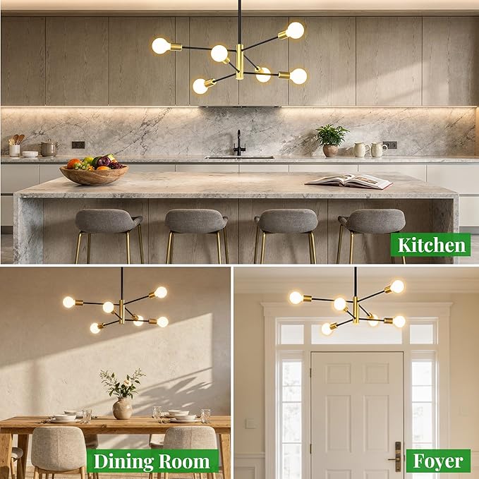 Modern Sputnik Chandeliers for Dining Room, Height Adjustable Semi Flush Black and Gold Chandelier Ceiling Mount Light Fixture 6-Light Mid Century for Living Room, Kitchen Island, Bedroom