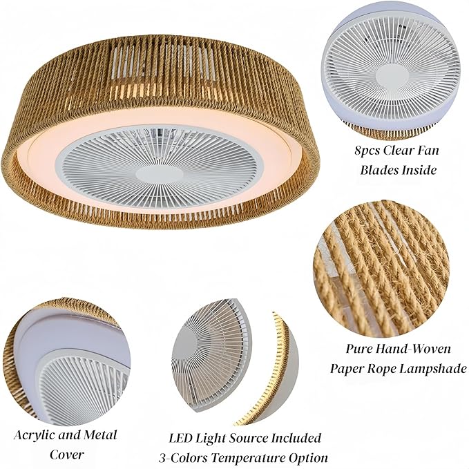21.5" Boho Caged Ceiling Fan with Lights Farmhouse Rattan Flush Mount Fandlier Light Hanwoven Paper Rope Fan Chandelier with Remote Reversible for Bedroom Dining Study Living Room Kitchen Entry