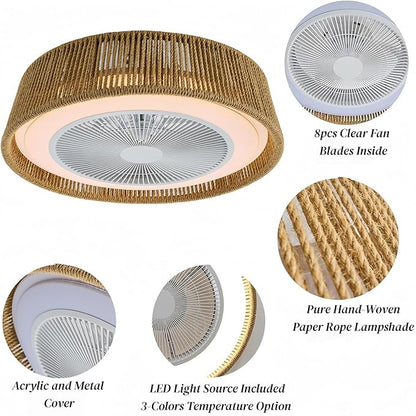 21.5" Boho Caged Ceiling Fan with Lights Farmhouse Rattan Flush Mount Fandlier Light Hanwoven Paper Rope Fan Chandelier with Remote Reversible for Bedroom Dining Study Living Room Kitchen Entry