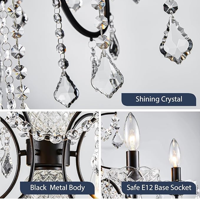 Bestier Black Finish Elegent Crystal Candle Candelabra Chandelier 6 Light Lighting Fixture LED Pendant Ceiling Light Dia 26 in x H 26 in