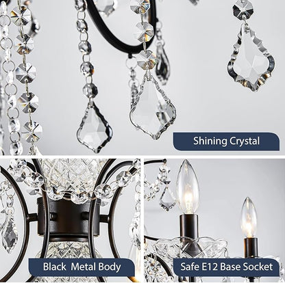 Bestier Black Finish Elegent Crystal Candle Candelabra Chandelier 6 Light Lighting Fixture LED Pendant Ceiling Light Dia 26 in x H 26 in