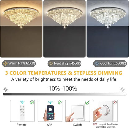 Modern Silver Crystal Chandelier LED Ceiling Light Fixture Raindrop Chandeliers Dimmable Lighting for Living Room Dining Room Entryway Bedroom