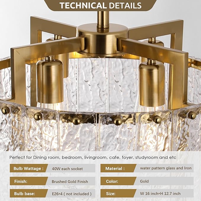 16" Gold Chandelier Light Fixture,Brass Pendant Modern Crystal Chandelier,Water Ripple Glass, Adjustable Height, Elegant Round Hanging Lighting for Kitchen Island Entryway Foyer Dining Room