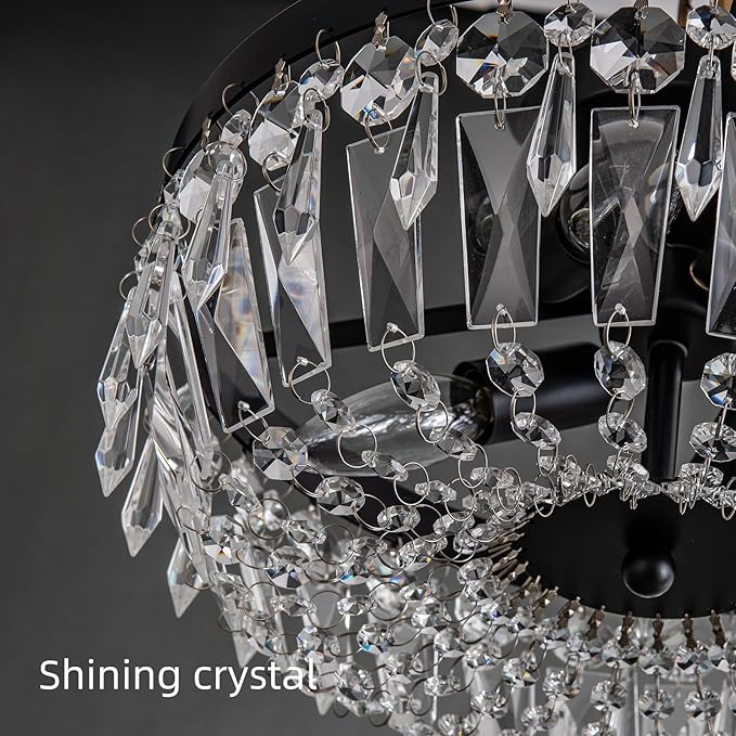 KSRYSZCQ Black Crystal Ceiling Light, 15''Modern Semi Flush Mount Ceiling Light Fiture 4-Light Crystal Chandelier with E12 Bulb for Dining Room, Kitchen Island, Bedroom Hallway