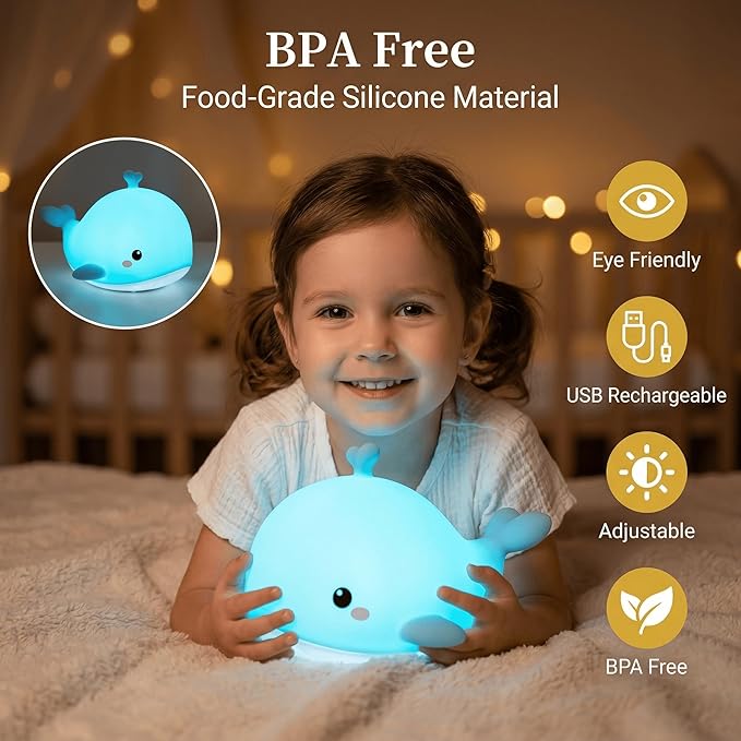 Whale Baby Night Light for Kids with Remote & Timer, Dimmable LED Squishy Soft Silicone Tap Lamp, USB Rechargeable Toddler Bedside Light for Breastfeeding, Kawaii Ocean Nursery Decor Gift