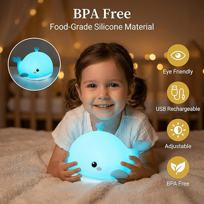 Whale Baby Night Light for Kids with Remote & Timer, Dimmable LED Squishy Soft Silicone Tap Lamp, USB Rechargeable Toddler Bedside Light for Breastfeeding, Kawaii Ocean Nursery Decor Gift