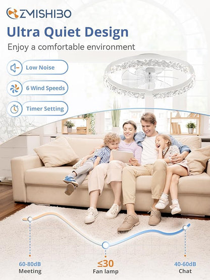 ZMISHIBO 19.7" Ceiling Fans with Lights, Low Profile Ceiling Fan and Remote, Flush Mount Ceiling Fans, Stepless Dimmable LED Light, White Fixtures for Bedroom, Living Room