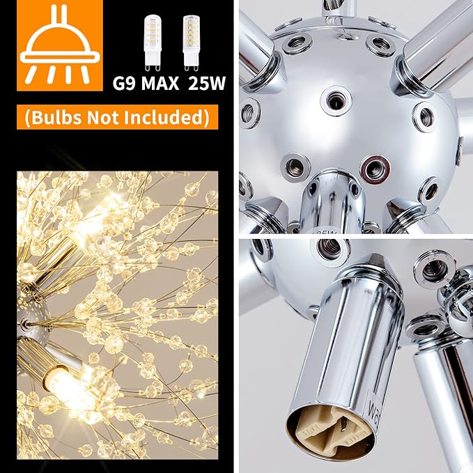 CM MZY Modern Crystal Chandeliers Firework, 8-Light Chrome Dandelion Sputnik Ceiling Light Fixtures, Sputnik Chandelier for Bedroom Living Room Dining Room Kitchen Island Hallway