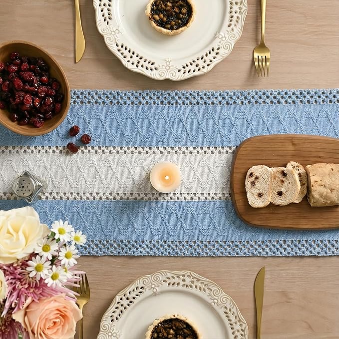 Artoid Mode Sky Blue Farmhouse Rustic Table Runner, Seasonal Hollow Kitchen Dining Table Decoration for Home Party Decor 12x36 Inch