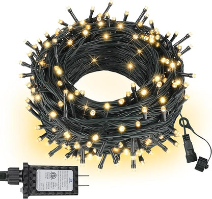 ASENEK Outdoor String Lights 99FT 300 LED Connectable 8 Modes with Timer Decorative String Lights for Xmas Tree Patio Party Warm White