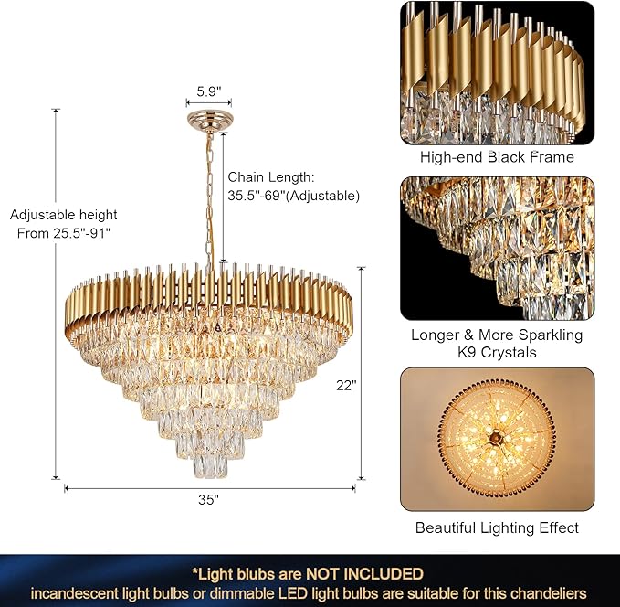 35'' Large Foyer Chandeliers Modern Gold Crystal Chandeliers for Staircase 22 Light Luxury Chandelier 7-Tier K9 Crystal Round Chandelier with Adjustable Chain for High Ceiling Entry Living Room