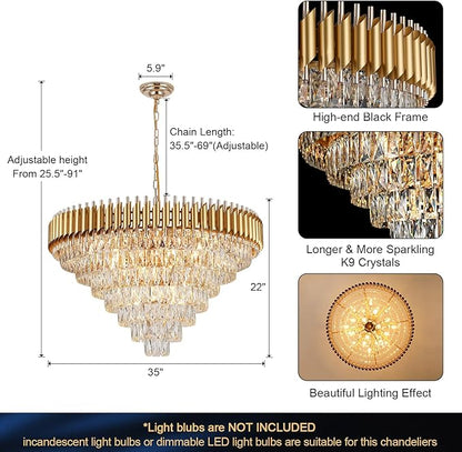35'' Large Foyer Chandeliers Modern Gold Crystal Chandeliers for Staircase 22 Light Luxury Chandelier 7-Tier K9 Crystal Round Chandelier with Adjustable Chain for High Ceiling Entry Living Room