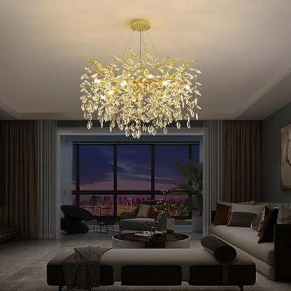 Tree Branch Chandelier Modern Crystal Pendant Light, Luxury Gold Art Deco Raindrop Lighting Fixture for Dining Room Bedroom Living Room 10 Lights D30''