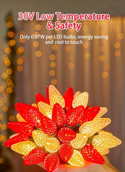 C9 Christmas Lights Outdoor Waterproof, 114 Feet 150 LED C9 String Lights with Timer & 8 Light Mode, Connectable Christmas Tree Lights for Indoor Outside Roofline Patio Decoration, Red & Warm White