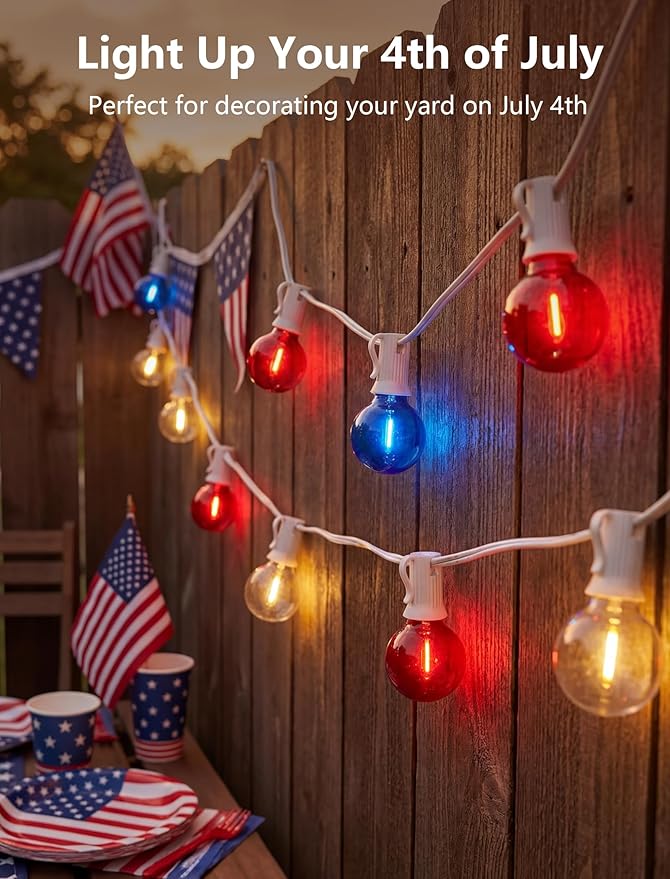 SUNSGNE 4th of July Decorations G40 LED Outdoor String Lights, 50FT Globe String Lights with 25 LED Red White and Blue Lights for Patriotic Memorial Day Decor, E12 Socket Base, White Wire
