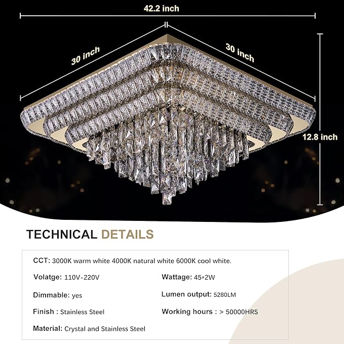 COCOSTAR Crystal Chandeliers, Modern Led Luxury Chandelier, 43" Suqare Flush Mount Chandelier Ceiling Light, Raindrop Chandeliers for Dining Room, Living Room, Bedroom, Gold