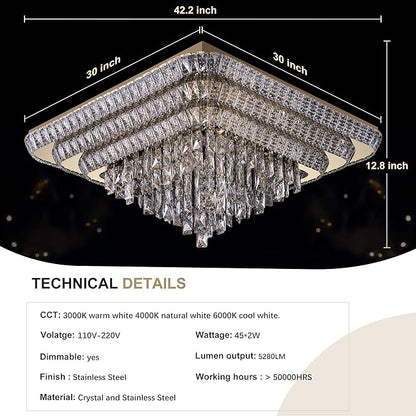 COCOSTAR Crystal Chandeliers, Modern Led Luxury Chandelier, 43" Suqare Flush Mount Chandelier Ceiling Light, Raindrop Chandeliers for Dining Room, Living Room, Bedroom, Gold
