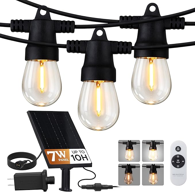 Brightech Ambience Hybrid Outdoor String Lights - Dual Plug and Solar Powered Waterproof LED Light String for Outside - Dimmable Color Changing Edison Bulbs for Camping, Patio, Cafe, Yard - 104ft, 7W