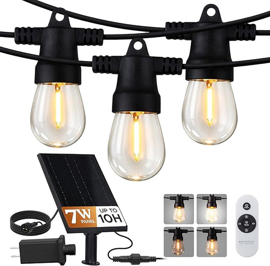 Brightech Ambience Hybrid Outdoor String Lights - Dual Plug and Solar Powered Waterproof LED Light String for Outside - Dimmable Color Changing Edison Bulbs for Camping, Patio, Cafe, Yard - 104ft, 7W
