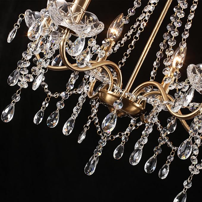 Crystal Plug in Chandelier Lighting with Long Cord, 6 Lights Gold French Country Plug in Pendant Light Modern Hanging Chandeliers for Dining Room Kitchen Bedroom Living Room