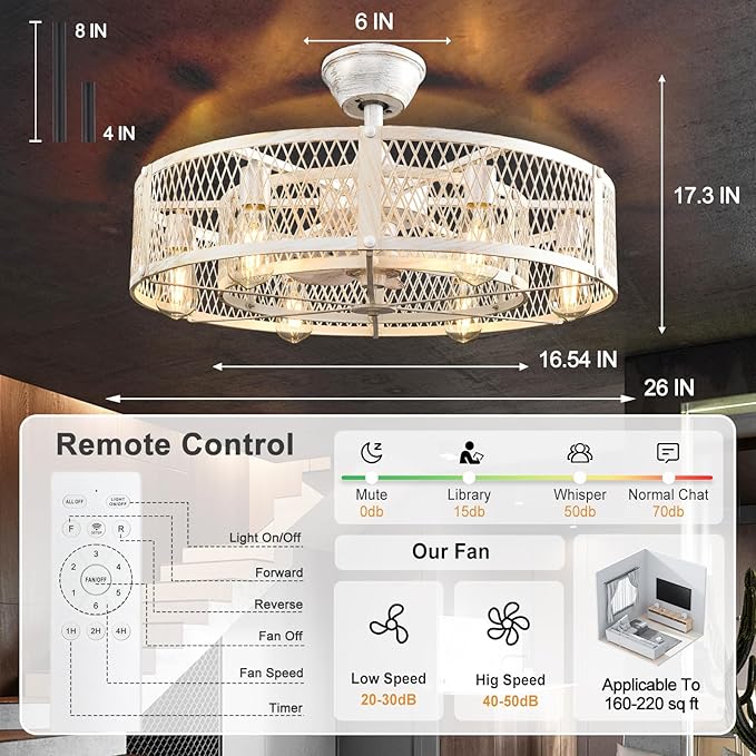 Depuley Outdoor Ceiling Fan with Light: 26" Caged Ceiling Fans with Remote Control for Patio Kitchen Bedroom - Farmhouse Fandelier Flush Mount Lights Fixture Reversible 6 Speed Timer Cement