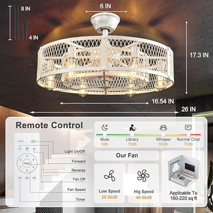 Depuley Outdoor Ceiling Fan with Light: 26" Caged Ceiling Fans with Remote Control for Patio Kitchen Bedroom - Farmhouse Fandelier Flush Mount Lights Fixture Reversible 6 Speed Timer Cement