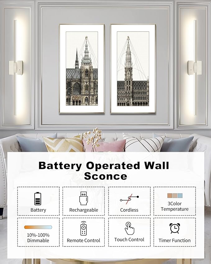 Rayogale Rechargeable Battery Operated Wall Sconce Set of Two, 24 Inch, Cordless, 3000K/4500K/6000K, Dimmable, Timer, Remote, Touch Control, USB-C Charging, 360° Rotation for Living Room Sand Nickel