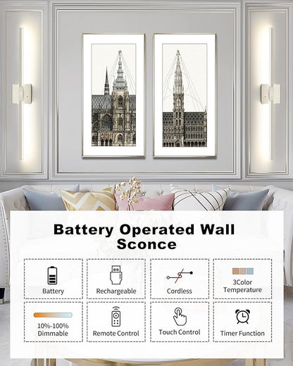 Rayogale Rechargeable Battery Operated Wall Sconce Set of Two, 24 Inch, Cordless, 3000K/4500K/6000K, Dimmable, Timer, Remote, Touch Control, USB-C Charging, 360° Rotation for Living Room Sand Nickel