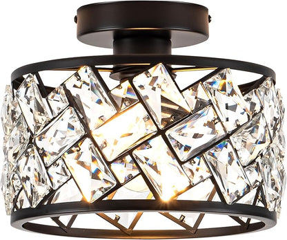 Rpzloila Crystal Ceiling Light Fixture, Modern Semi Flush Mount Ceiling Light,Crystal Chandelier for Kitchen Bedroom Bathroom Entryway, Black Finish