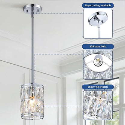2-Pack Crystal Pendant Light, Modern Chrome Finish Hanging Lighting with Clear Crystal Chandelier, Adjustable Height Mini Island Light Fixture for Kitchen, Dining Room and Living Room