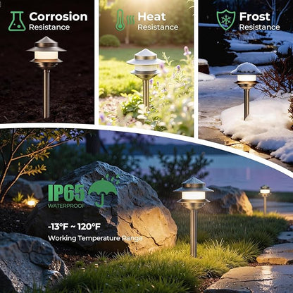 Gardencoin Pagoda Solid Brass Low Voltage Landscape Pathway Lights, 12V LED Heavy Duty Path Lighting Outdoor Wired, Waterproof Antique Bronze Walkway Lights, 6 Pack Without G4 Bulb