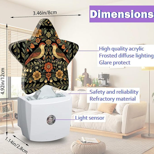 Vintage Birds Night Lights Plug Into Wall Decorative,Retro Flower Sleep Friendly Lamp, Energy Efficient Dusk-to-Dawn Sensor Nightlights for Kid Bedroom Nursery Bathroom