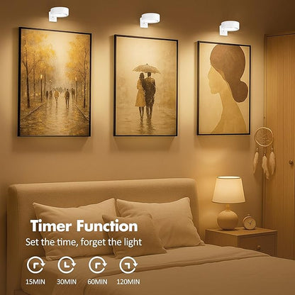 3Pcs Picture Light Battery Operated, Wireless Led Painting Light with Remote Dimmable and Timer, 3 Lighting Modes Art Display Light for Picture Frame Artworking Portrait, Wall Decorative Puck Lights