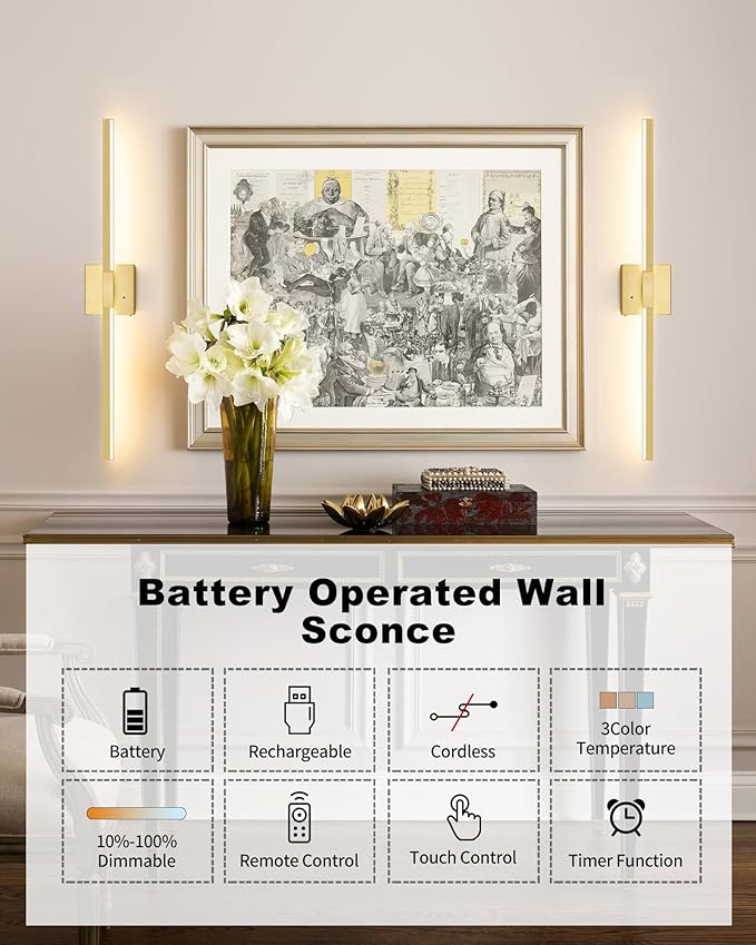 Rayogale 8000mAh Battery Operated Wall Sconce, 3000K/4500K/6000K Dimmable Gold Cordless Rechargeable Wall Sconces Set of Two with Timer Function for Living Room, Bedroom, Stairwell, 24 Inch
