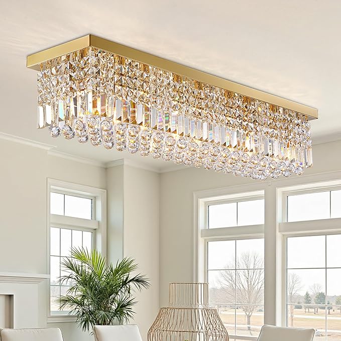 Modern Crystal Chandeliers for Dining Room Light Fixture, 8-Light Gold Rectangle Chandelier Ceiling Light for Kitchen Island Living Room, L39.4 Inch
