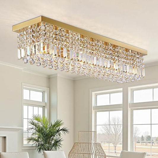 Modern Crystal Chandeliers for Dining Room Light Fixture, 8-Light Gold Rectangle Chandelier Ceiling Light for Kitchen Island Living Room, L39.4 Inch