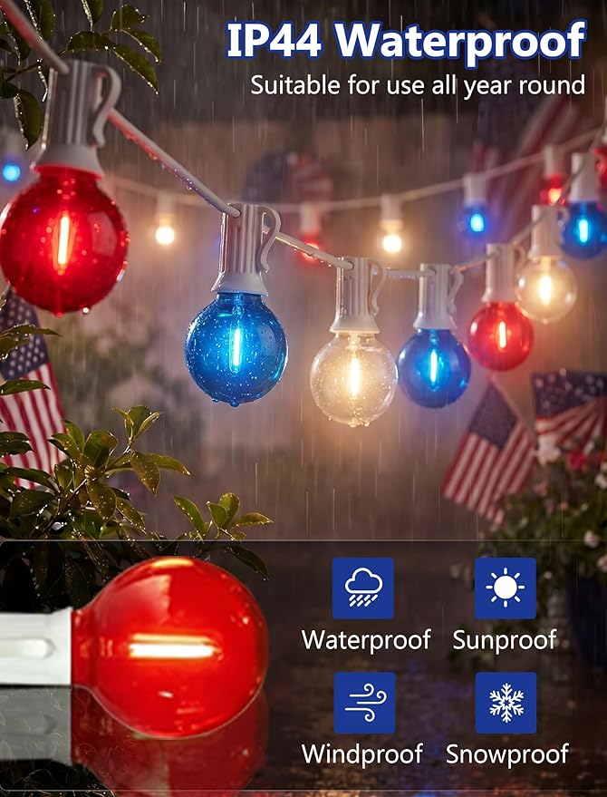 25Ft G40 LED Red White and Blue String Lights Outdoor,4th of July Decoration Lights with 27 LED Shatterproof Globe Bulbs, Hanging Patio Patriotic String Lights for Backyard Party Independence Day