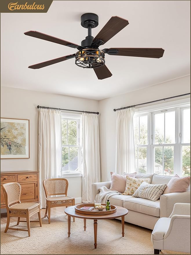 Fanbulous 1 Pack 42 Inch Rustic Caged Ceiling Fan with Lights, Black Farmhouse Ceiling Fans for Bedroom Living Room, Double-Sided 5 Blades Rustic Ceiling Fan