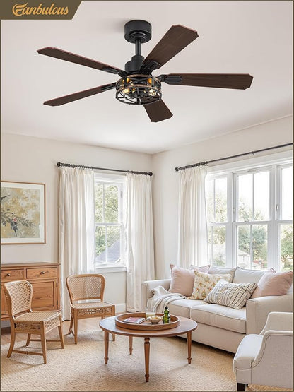 Fanbulous 1 Pack 42 Inch Rustic Caged Ceiling Fan with Lights, Black Farmhouse Ceiling Fans for Bedroom Living Room, Double-Sided 5 Blades Rustic Ceiling Fan