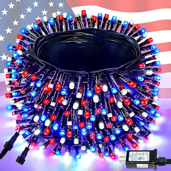 4th of July 95FT 240LED Red White and Blue String Lights, Extra-Long Connectable Led Twinkle Lights Waterproof with 8 Modes Memory, Independence Day Decoration