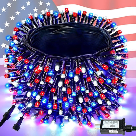 4th of July 95FT 240LED Red White and Blue String Lights, Extra-Long Connectable Led Twinkle Lights Waterproof with 8 Modes Memory, Independence Day Decoration