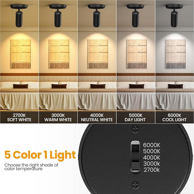 5CCT LED Ceiling Spotlight Flush Mount Black Fixtures 15-60° Zoomable 10W Dimmable 2700K-6000K Adjustable Ceiling Spot Lights Indoor Directional Lighting for Living Room Bedroom Kitchen 4-Pack