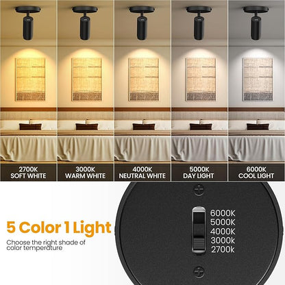 10W Zoomable 5-Color LED Ceiling Spotlight Directional Ceiling Light Indoor Adjustable Ceiling Spot Light Fixture Black Dimmable Flush Mount Accent Lighting 15-60° for Kitchen 1000lm CRI90