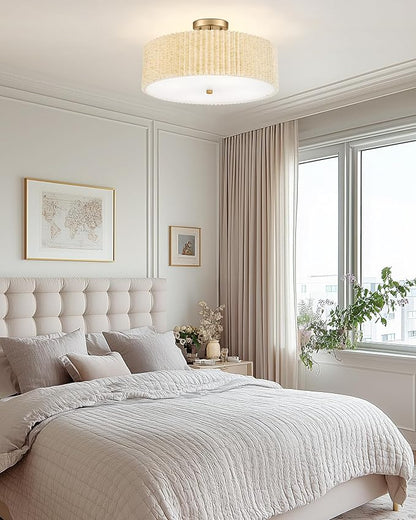 Semi Flush Mount Ceiling Lights, 4-Light 18" Gold Light Fixtures Ceiling Mount with Pleated Linen Fabric Shade, Drum Lighting Fixture for Nursery Hallway Bedroom Kitchen, AD-25036-4SF-GD-B